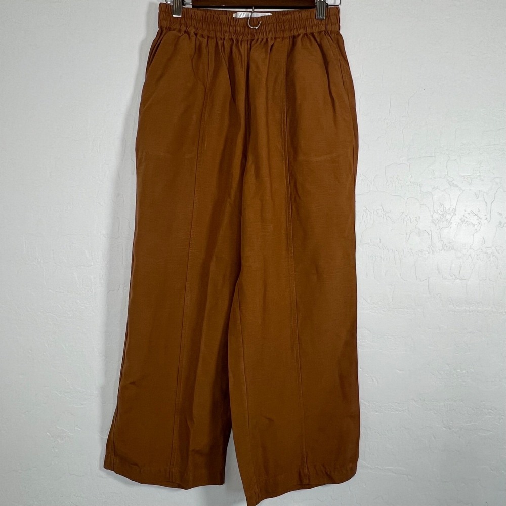 Tradlands Paloma pants Sienna Brown Tencel Linen Wide Leg Elastic Waist Crop  S